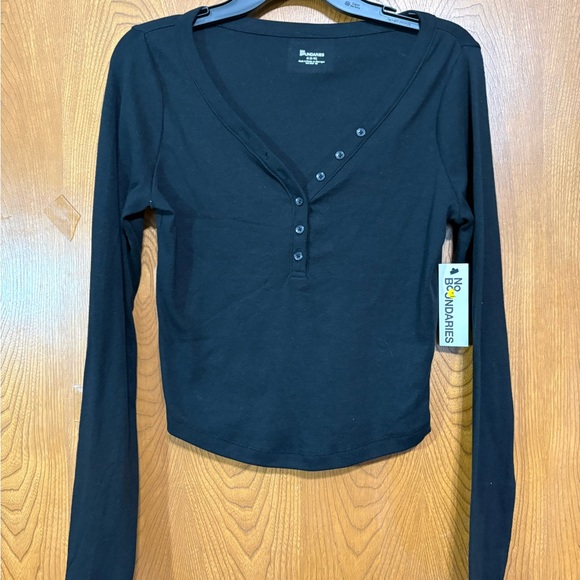 No Boundaries Tops - No Boundaries Black Buttoned Deep V neckline and Long Sleeve Tee